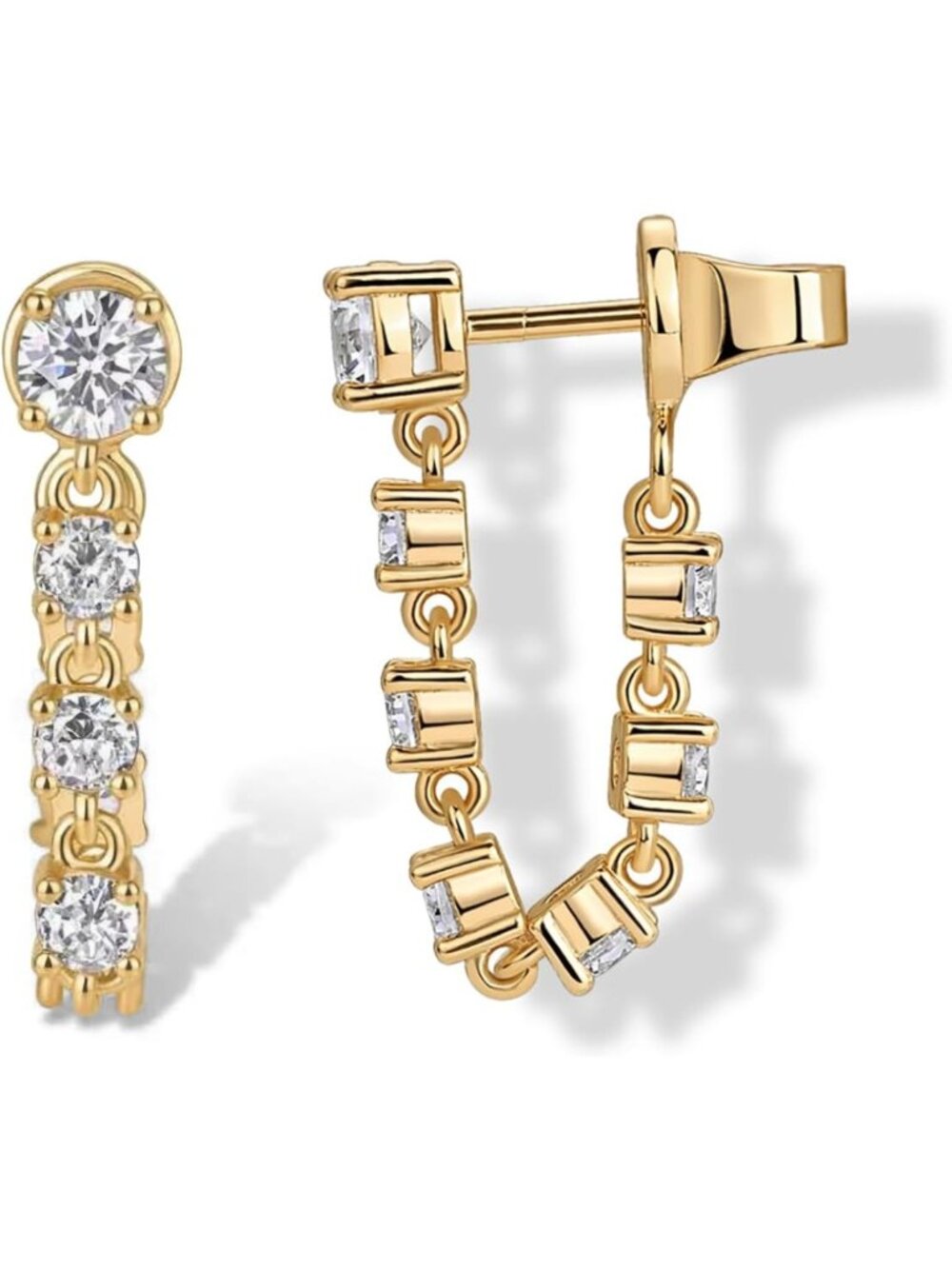 Stylish 14K Gold Plated CZ Huggie Dangle Earrings for Women - Trendy Chain